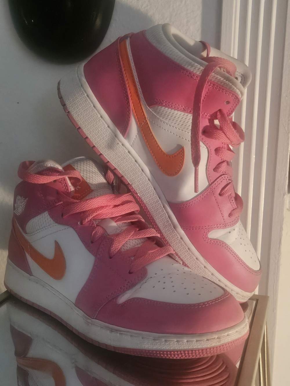 Nike Air Jordens White, Pink & Orange Mid-Top Sneakers